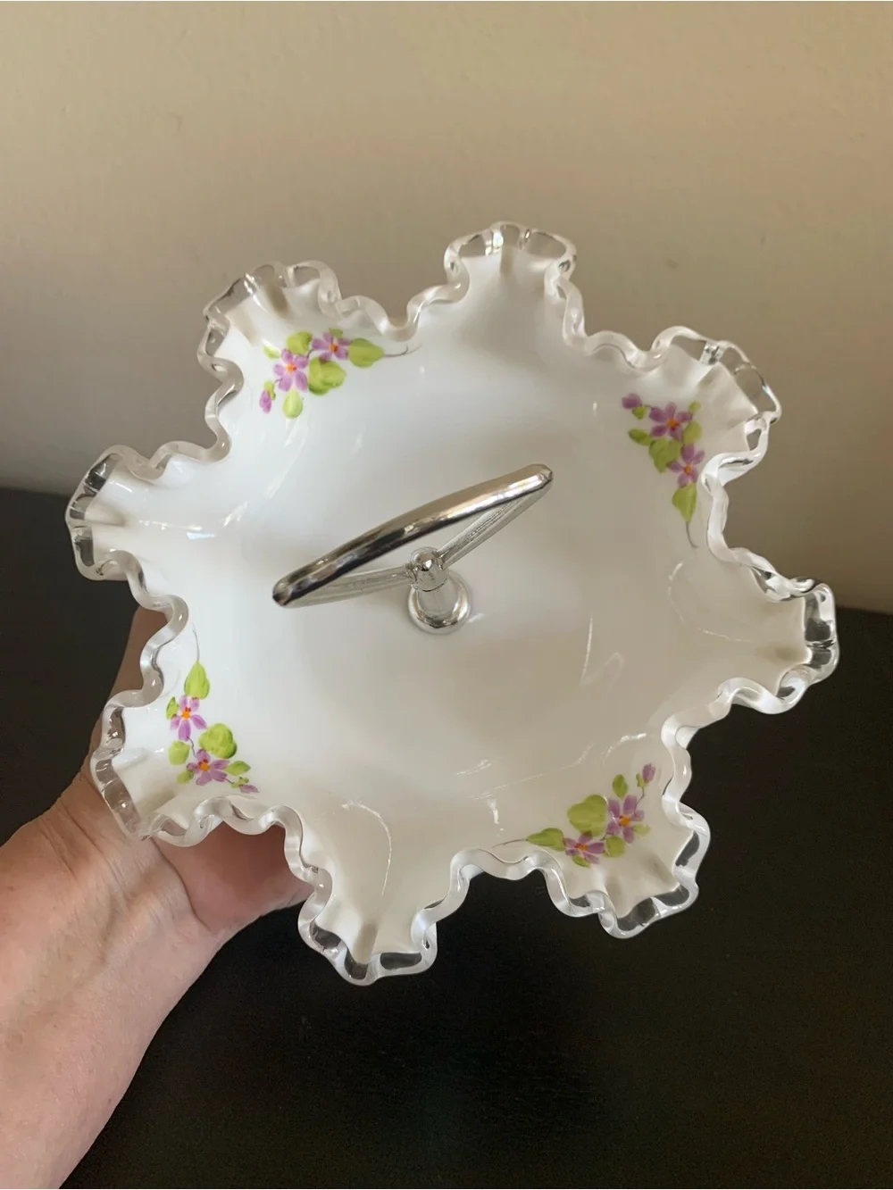Vtg Fenton Violets in the Snow Milk Glass Candy Bon Bon Dish Signed M. Dickinson